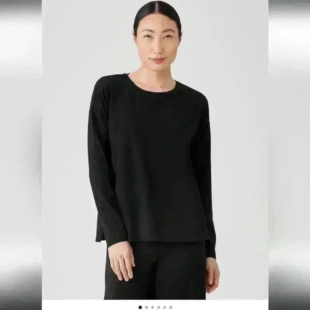 Eileen Fisher Stretch Jersey Knit Side zip box  top Long Sleeve Crew neck size s